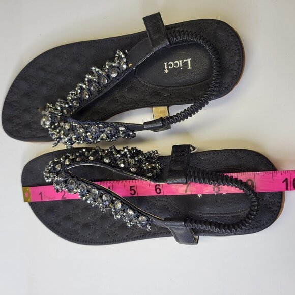 SIZE 8 Black Glitter Embellished Sandals Cushioned Flats Slippers (Size 39) - Picture 9 of 14